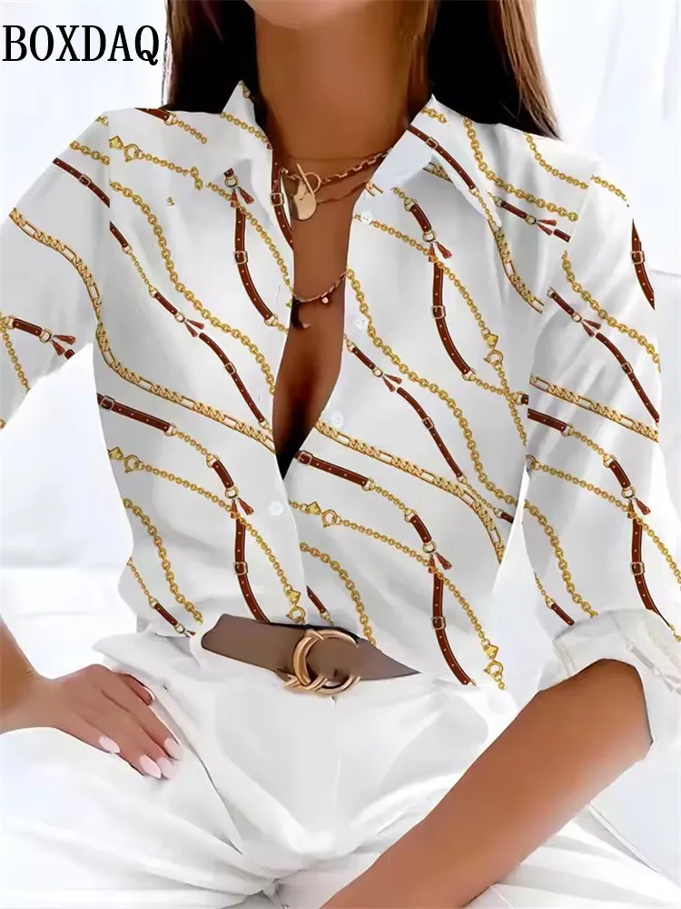 Chemisier rayé à motif imprimé en 3D, chemise décontractée à manches longues pour femmes, élégante, mode de bureau, ample, chemise à revers quotidienne pour femmes