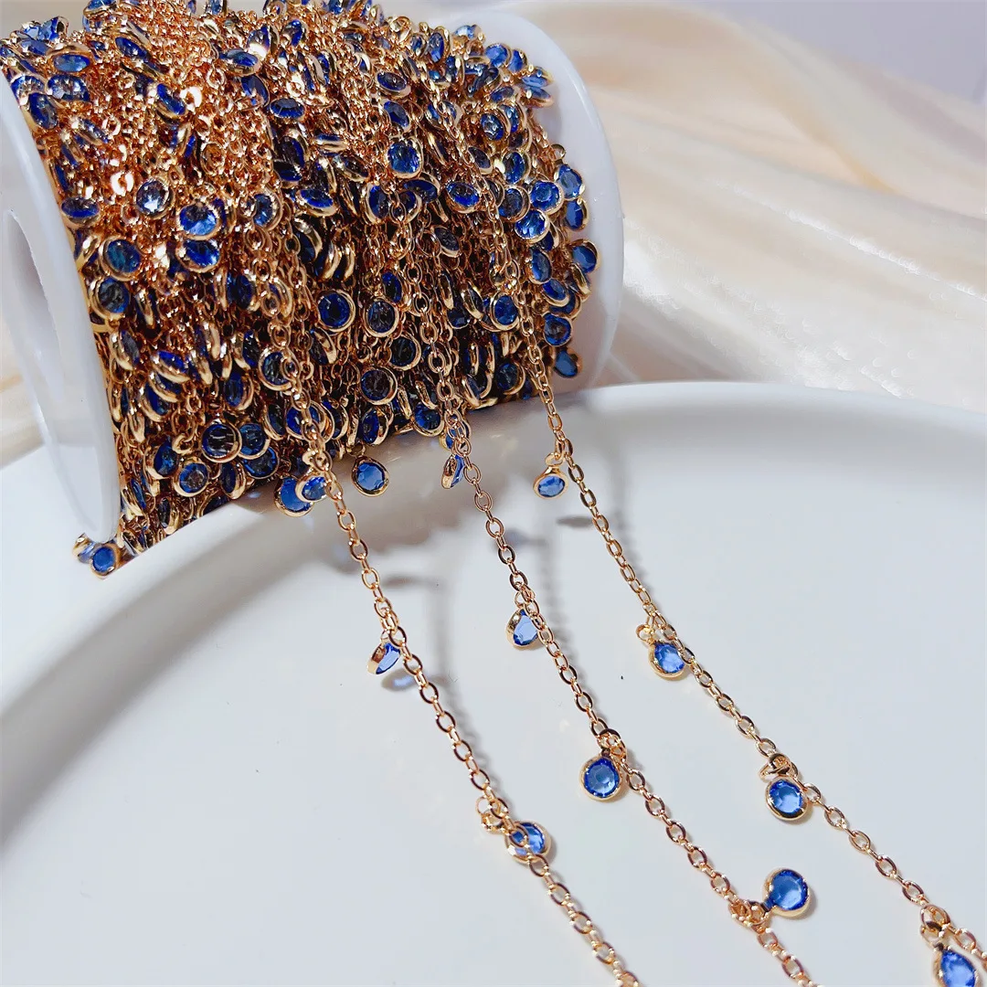 Trendy 0.5M 1M 2M Lake Blue Crystal Copper Chain 4mm Exotic Crystal Beads Women Necklace Bracelet DIY Jewelry Making Accessories