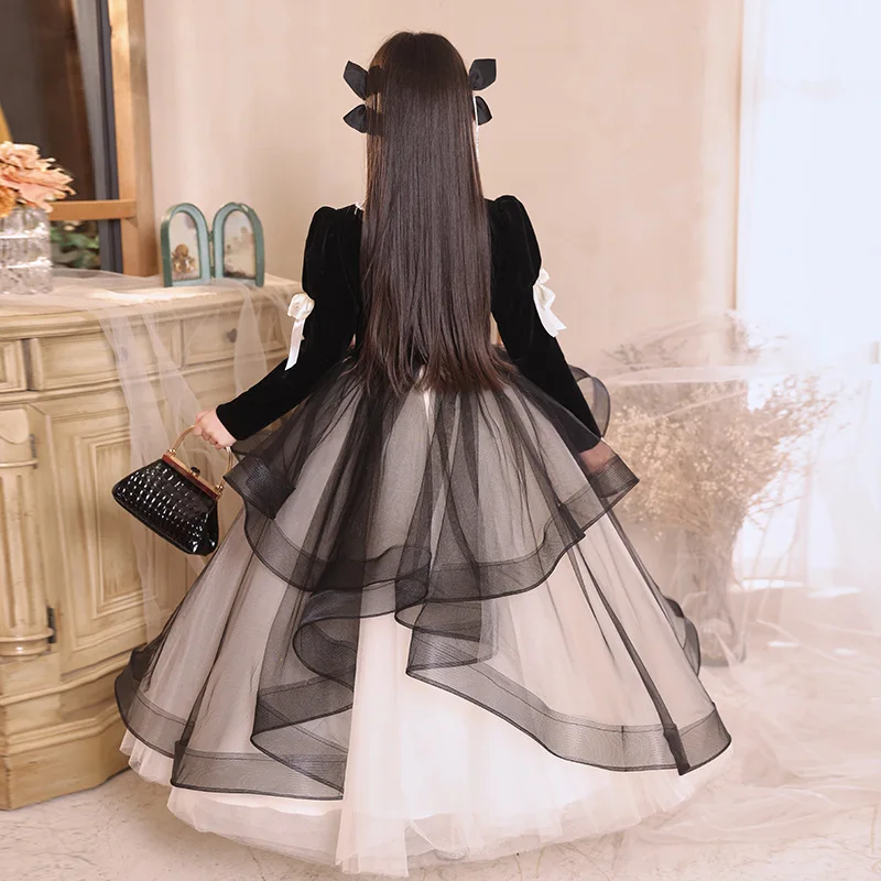 女の子ドレス新しい黒ロングフラワーガールウェディングプリンセスドレス子供ピアノイブニングドレススクエアネックパーティードレスカスタマイズ