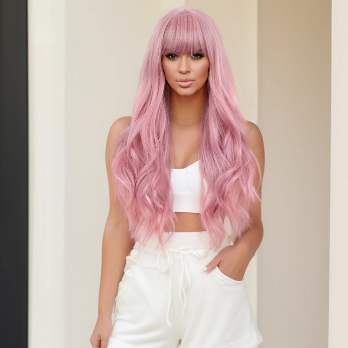 Pink bangs Long curly for women Natural synthetic curly Heat resistant fiber Everyday Cosplay Wigs 26 inches