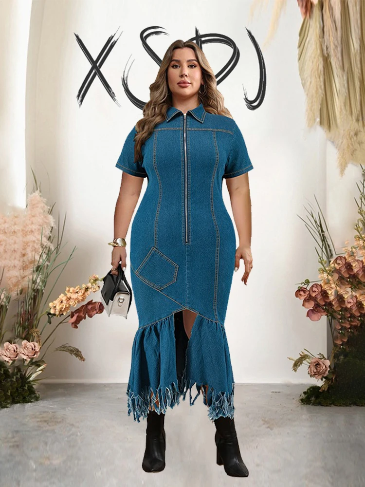 

Denim Long Dress with Short Sleeves Summer Zip-up Dress Woman Straight and Elegant Dresses Plus Size Wholesale Dropshipping