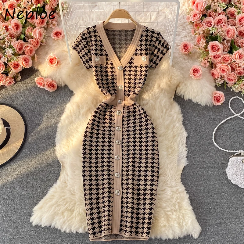 Neploe Grace Unique Bird Lattice Knitted Dress Women V-neck Short Sleeve Contrast Color Vestido Mujer Summer New Stylish Robe