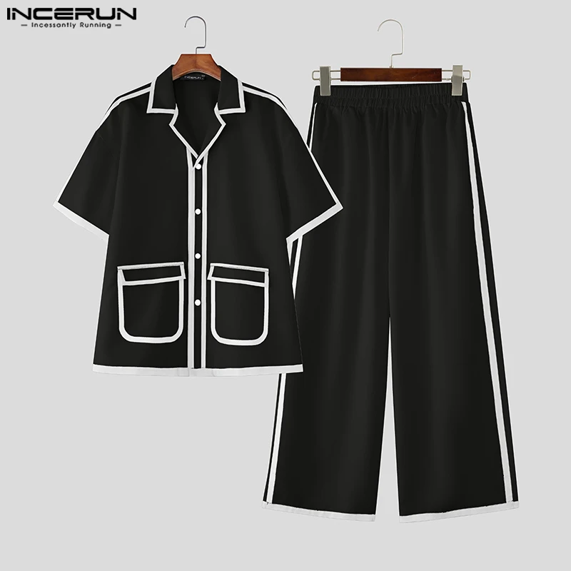 

INCERUN Мужские комплекты Лоскутная рубашка с короткими рукавами и брюки Комплекты из двух предметов Уличная одежда Свободные модные мужские повседневные костюмы 2025 года S-5XL