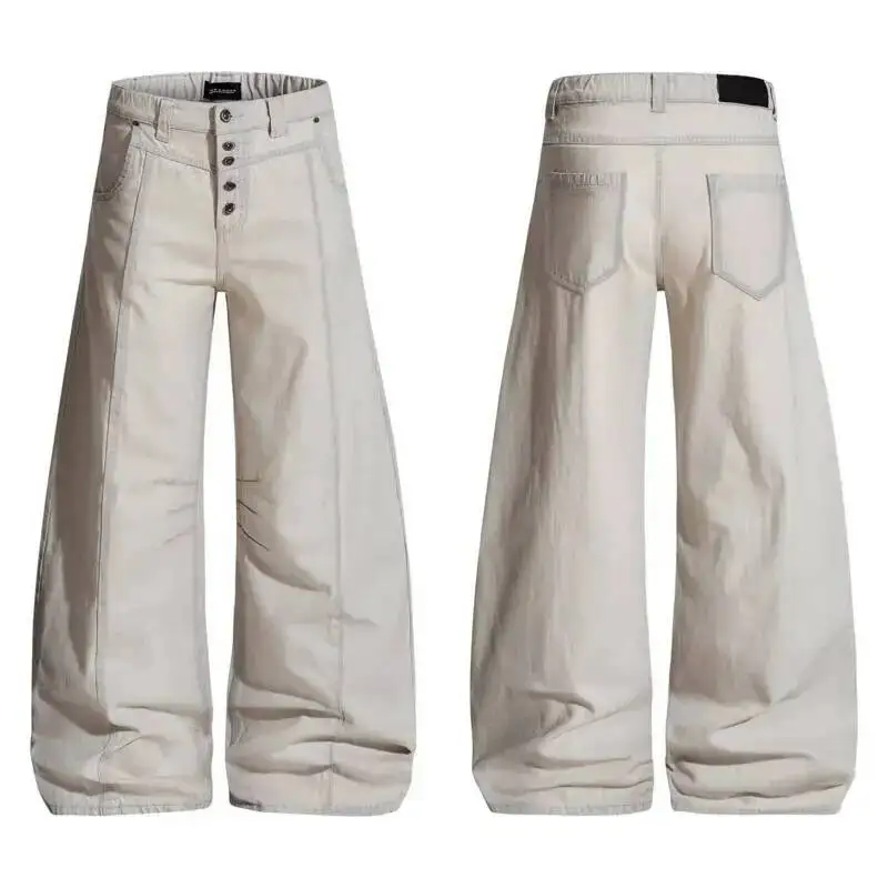 American Solid Color Washed Distressed Men's Jeans Button Placket Mid Waist Full Length Wide-leg Pants Spring News 9XG65C