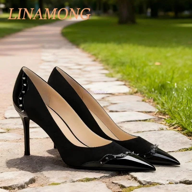 Riveted High Heels Color Blocking and Leather Splicing Design Fashionable and Simple One Foot Toe Pointed Slim High Heels