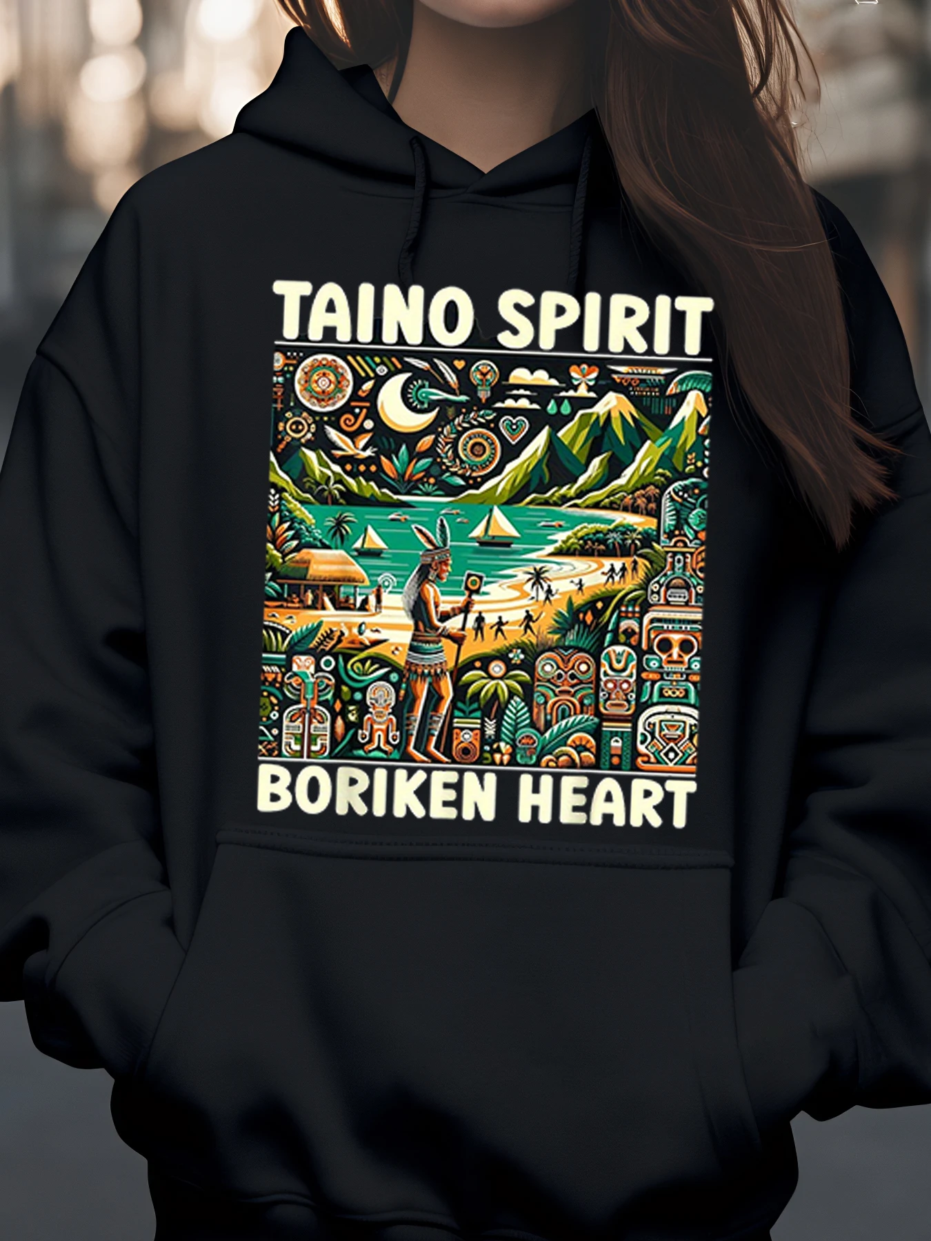 سترة بغطاء للرأس مطبوعة على شكل قلب من Taino Spirit Boriken بتصميم فني ثقافي للارتداء غير الرسمي للنساء والرجال