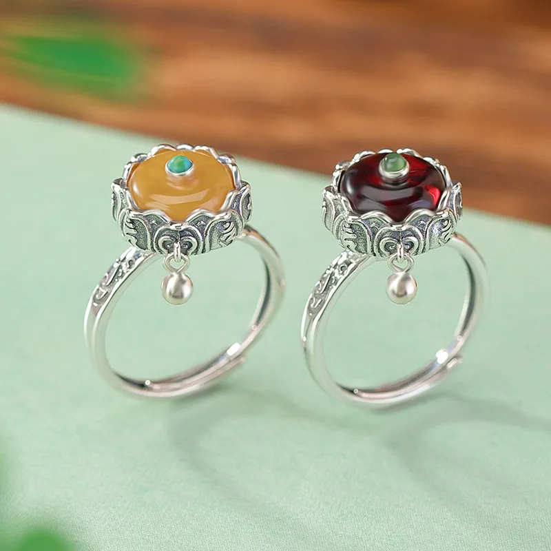 S925 Sterling Silver Blood Amber Six-Word Mantra Peace Rotating Ring