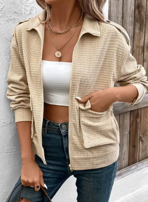 Loose Workwear, Pockets, Zippers, Lapels, Solid Color Women's Jacket, Autumn Waffle Fabric, Casual Women's Long Sleeved Jacket