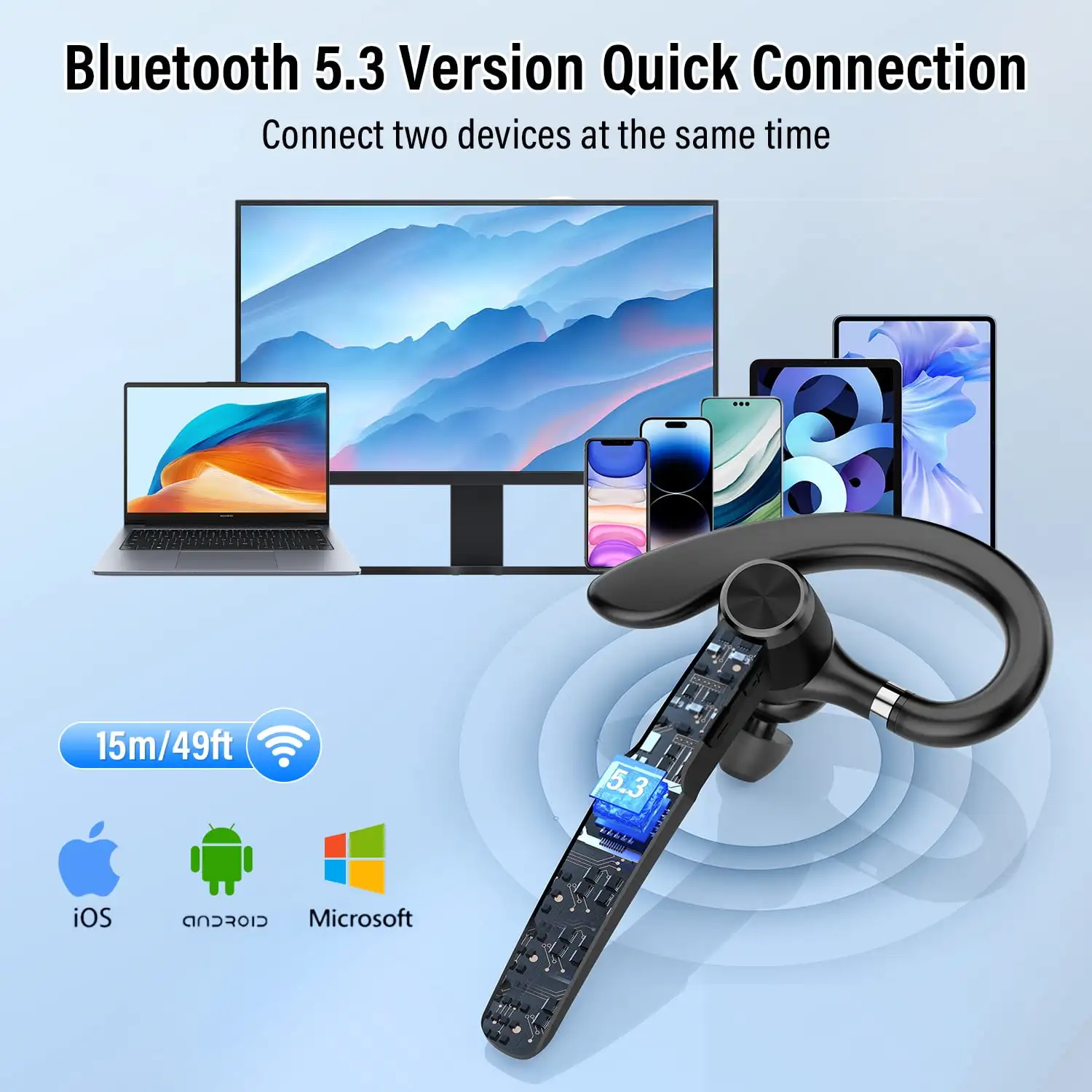 سماعة بلوتوث أذن واحدة مع ميكروفون ENC مع صوت ستيريو HiFi لمدة 72 ساعة وقت التحدث سماعة رأس لاسلكية #5