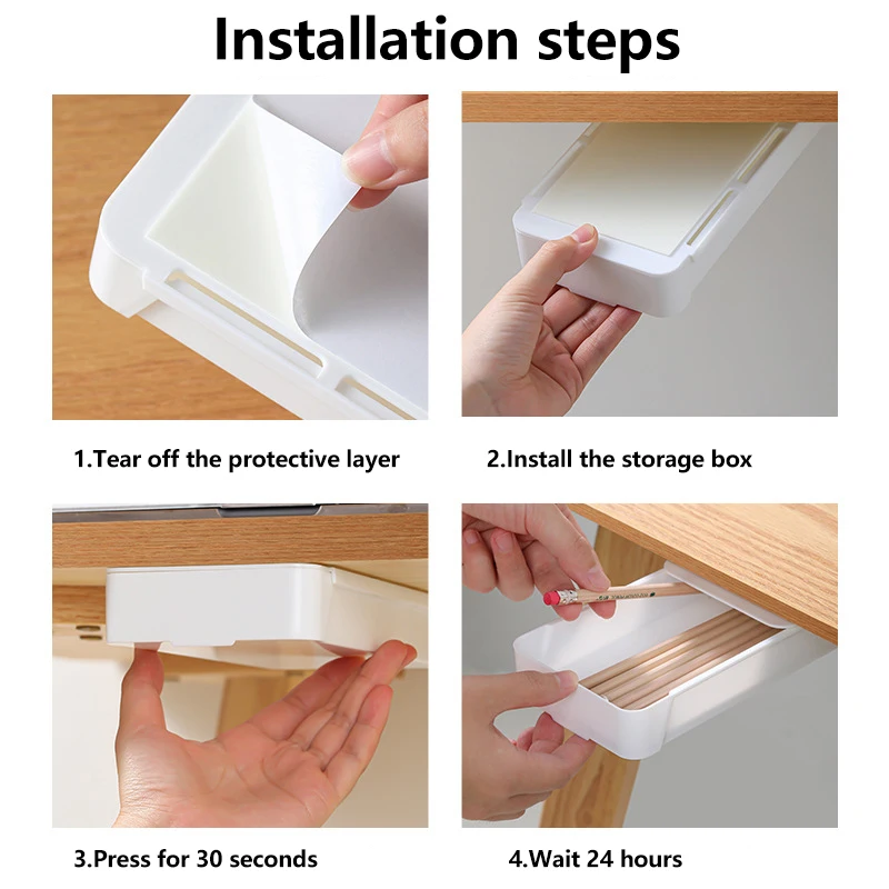 Self Stick Table Storage Drawer, Caixa Organizadora, Bandeja de lápis, Mesa escondida sob o suporte da mesa, Auto-adesivo Under-drawer Storage Box