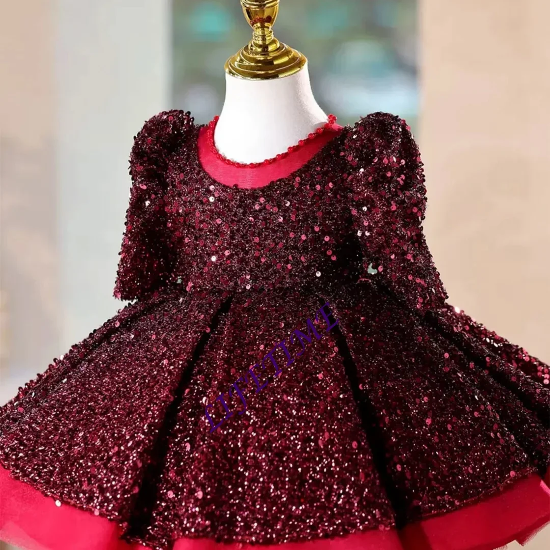 CustomizedFlower Girl Dress Sequin Long Puff Sleeve Ball Gown Wedding Gown First Christmas Party Dress For Girlsفساتين ا
