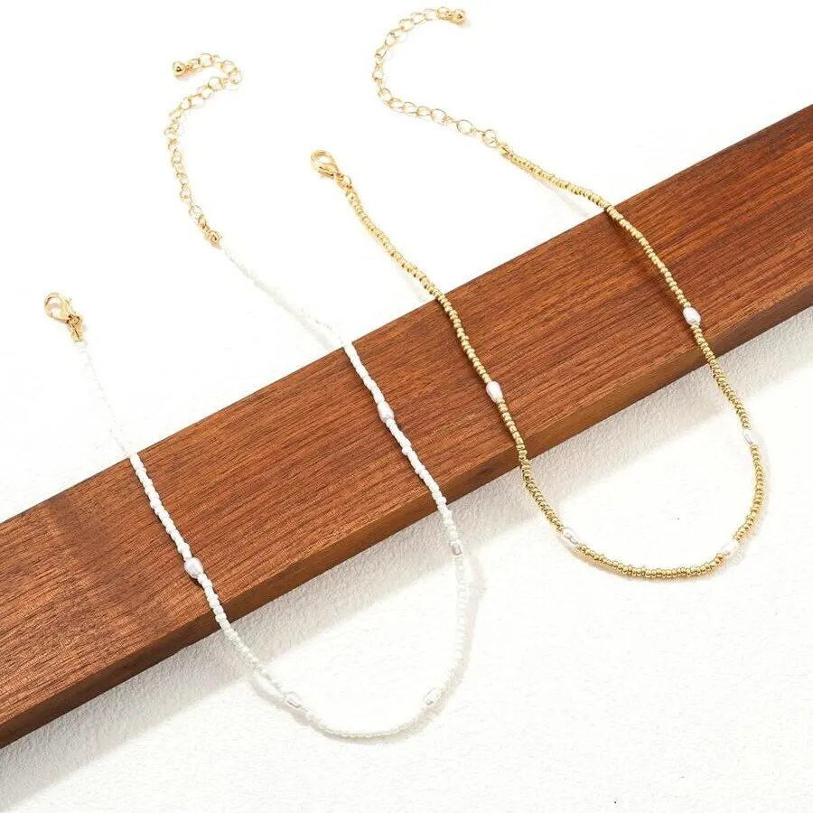 Obega 2 PCS Seedbeads Choker Neckalace Multi-LAYER Mixcolor Beaded Necklace Cute Handmade Simple Summer Holiday Jewelry Girl