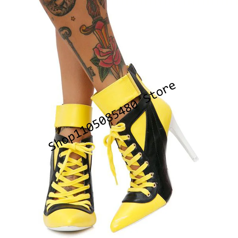 Patchwork Pointed Toe Mid-Calf Women Sport Boots Stiletto High Heels Lace Up Design Large Size Sexy Style Shoes 44