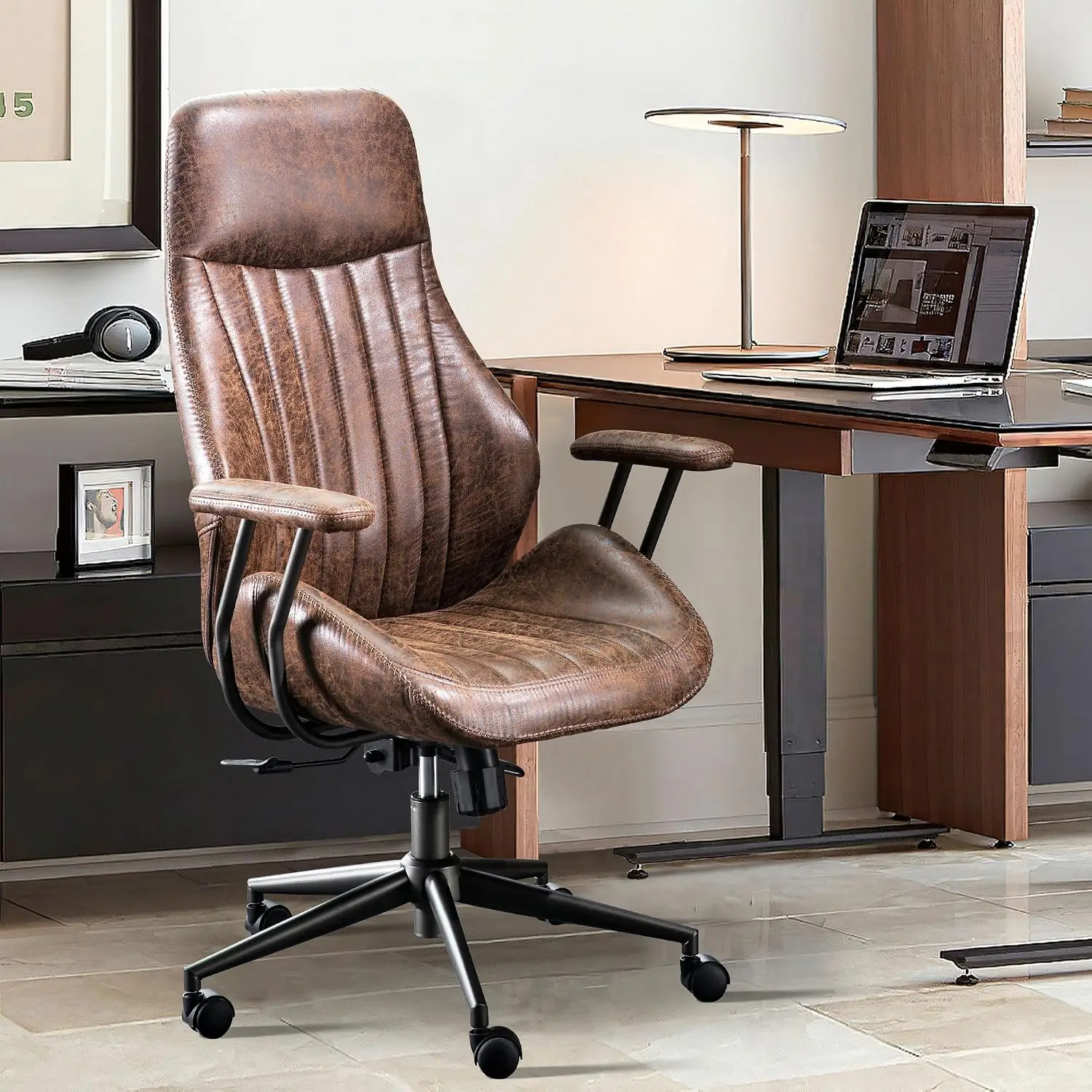 Mid-Century Modern High Back Ergonomic Swivel Task Chair, Faux Suede Leather Computer Rolling Armchair, Dark Brown, Customized