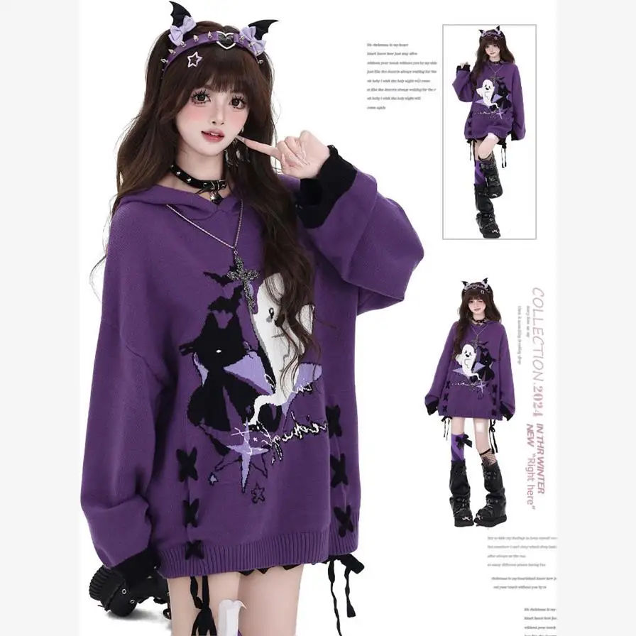 

Y2K Halloween Ghost Свободный свитер женский Faion контрастного цвета Tie Dye Long Sve V-Ne шерстяной топ крутой весенняя одежда