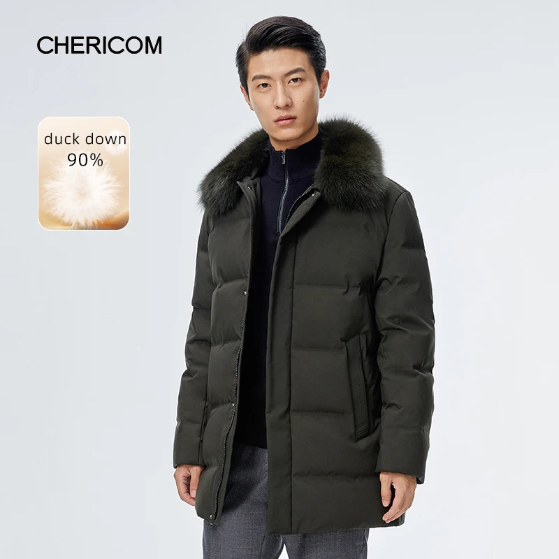 Chericom Men's Business Casual Multi-Pocket Down Jacket Short Thickened Warm Stand-Up Collar Removable Fur Collar Coats 289680