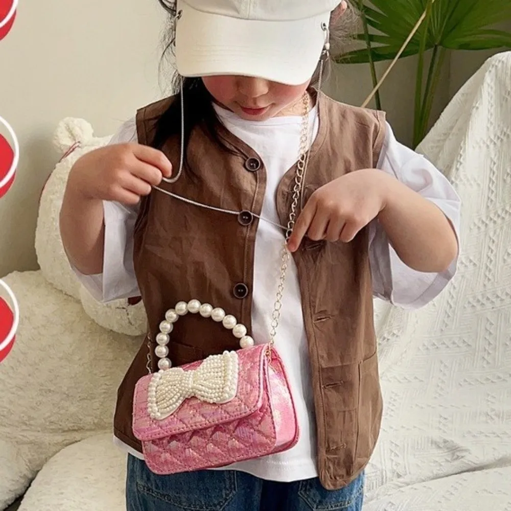 Cute PU Leather Pearl Handbag Korean Style Mini Bow Crossbody Bag Wallet Shoulder Bag Children Coin Purse Storage phone