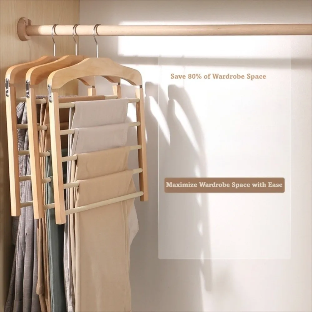 Premium Quality 5-layer Pants Hanger Flocking Wooden Tie Storage Rack Anti-slip Closet Organizer For Ties, Scarves & More view 3
