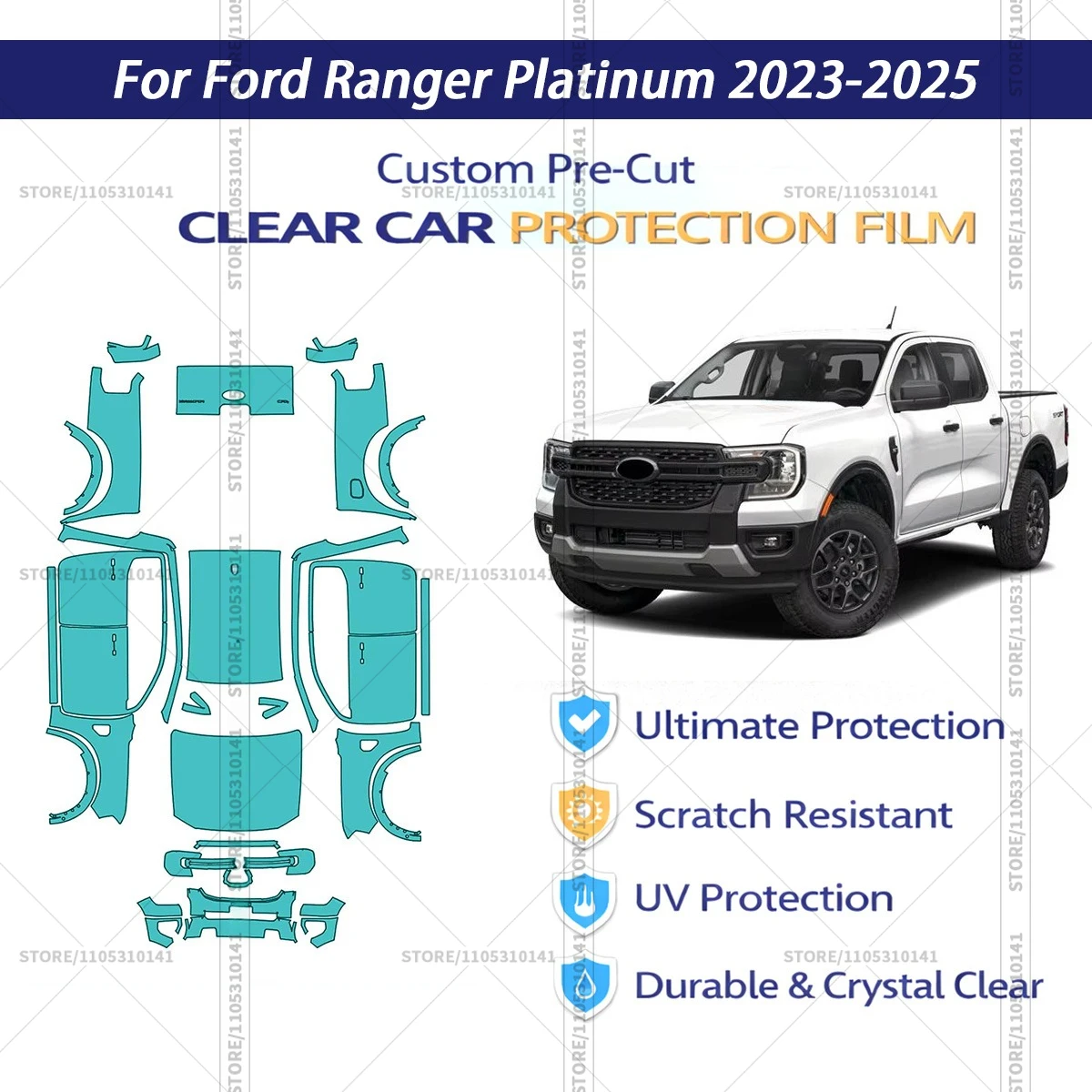 

Защитная пленка PPF для Ford Ranger Platinum 2023-2025, предварительно вырезанная, прозрачная, для полной оклейки автомобиля