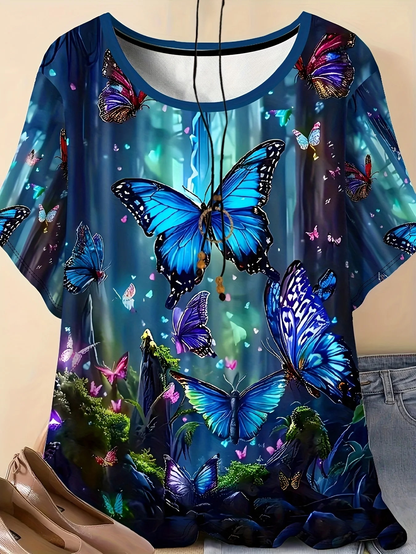 Women Short Sleeve T‑Shirt Fantasy Forest Blue Butterfly Floral Scenery Print Round Neck Loose Casual Summer Daily Tops