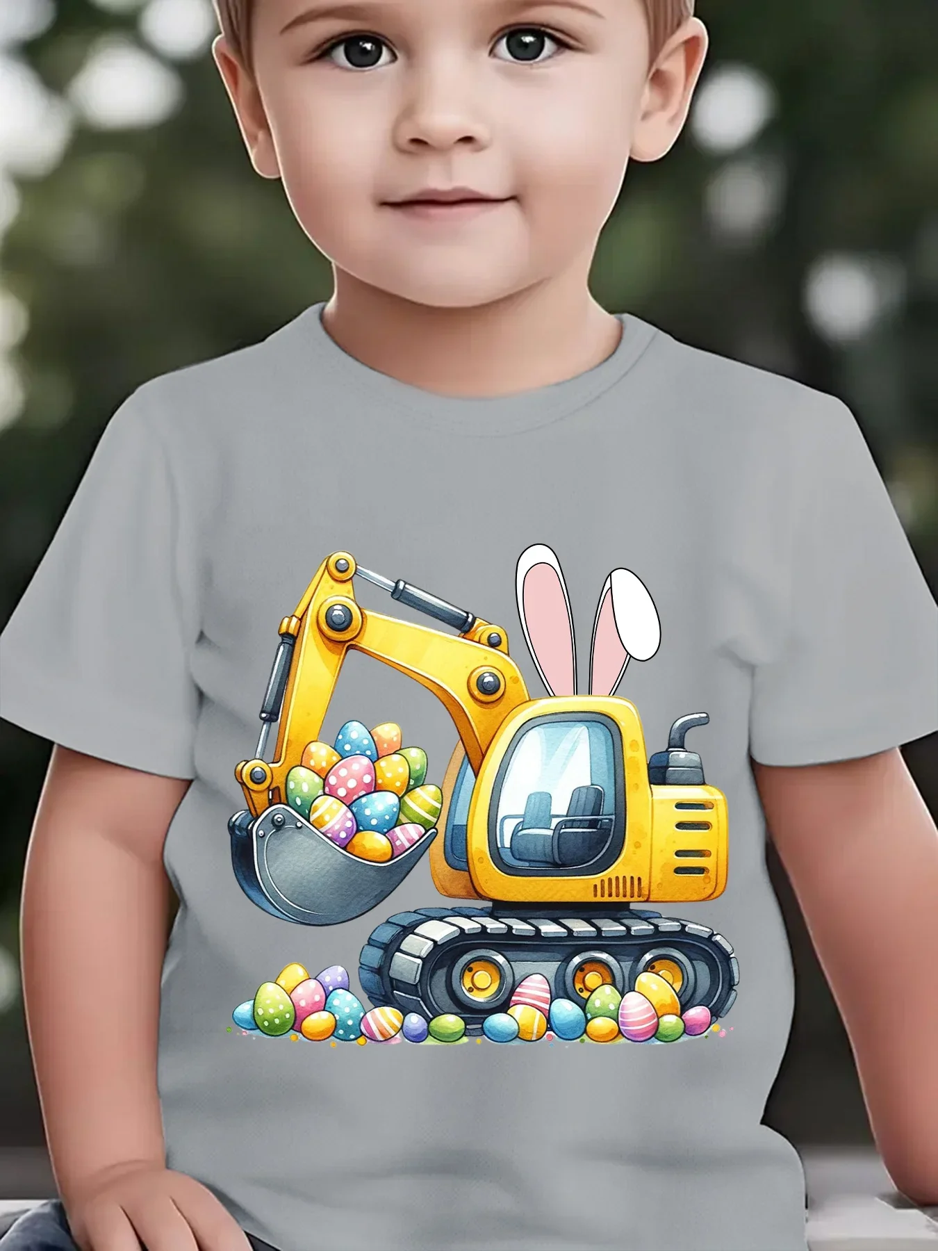 Brand Boys Kids T-Shirt, Easter Bunny Ear Excavator & Egg Print, Summer Outdoor Casual Crew Neck Short Sleeve Top