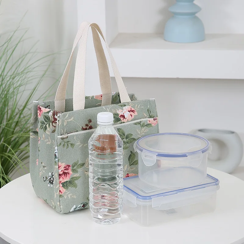 Draagbare Bloemenprint Lunchtas Thermisch Geïsoleerde Lunchbox Tote Koeler Functionele Handtas Student Bento Zakje Voedselopbergzakken