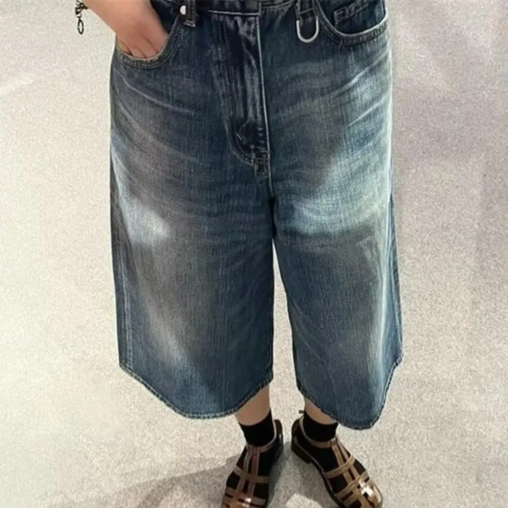 Shorts jeans de fechamento de botão para homens e mulheres, cor sólida retrô, perna larga, jeans de fechamento de botão