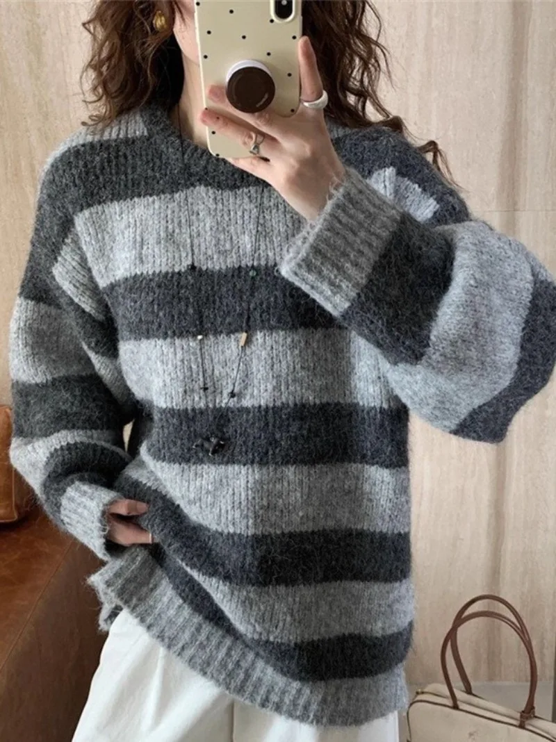 

Warm Plush Contrast Striped Sweater Women's Autumn Winter New Korean Loose Lazy Style Elegant Soft Waxy Sweater Female Tops
