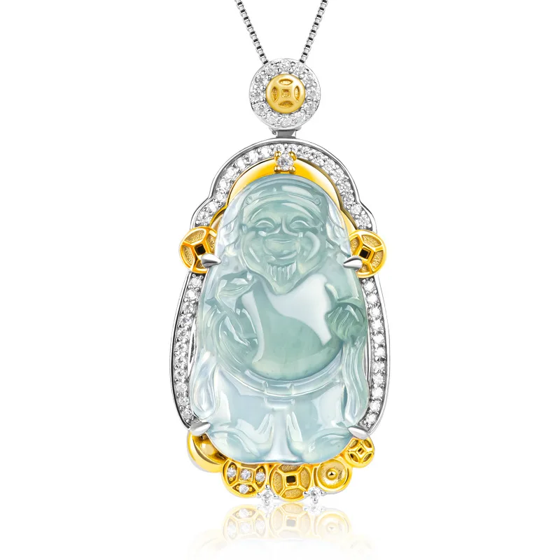 

Luxury A Jadeite Blue Water Fortune God Pendant S925 Silver Ice Jade Buddhist Jewelry Gift