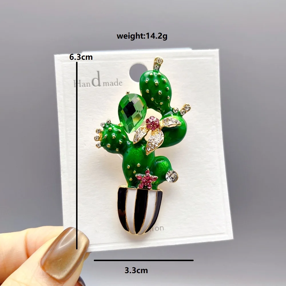 Lovely Enamel Cactus Flower Brooches For Lady Women Rhinestone Pot-Plants Clothes Pins Badge Accessories