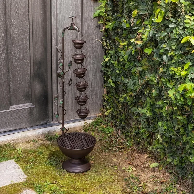 

Outdoor Floor Tiered Vintage Water Fountain w/ 6 Hanging Cups, Soothing Tier Waterfall, 38", Bronze