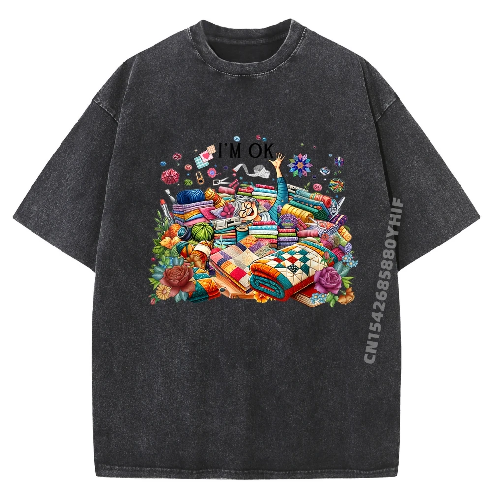 

Funny Quilting Quilter Sewer Sewing I'm Ok Hand Fabric Luxury Designer Summer Mens Designer Clothes Vaporwave Washed Shirt
