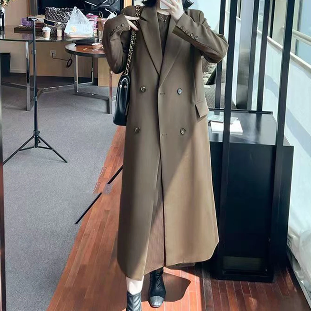 معطف نسائي للربيع والخريف معطف خندق صغير مزدوج الصدر بلون سادة كلاسيكي متوسط وطويل معطف بريطاني #5