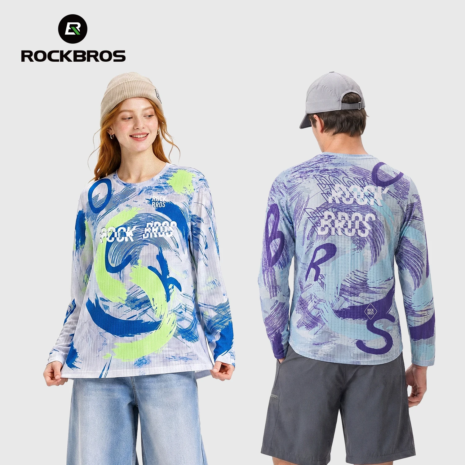ROCKBROS Fahrrad-Langarmshirt, lässig, locker, bedruckt, atmungsaktives Mesh-Sport-Top, weich, schnell trocknend, Sonnenschutz, Fahrradtrikot