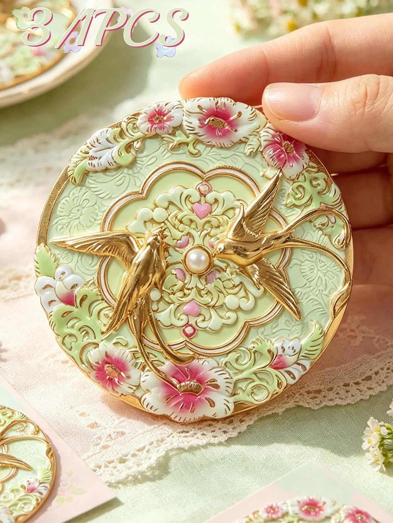 1/3pc - Exquisite Portable Chinese Vintage Floral Embossed Makeup Mirror, Peony Delicate Flower Bird Metal Portable Pocket Mirro