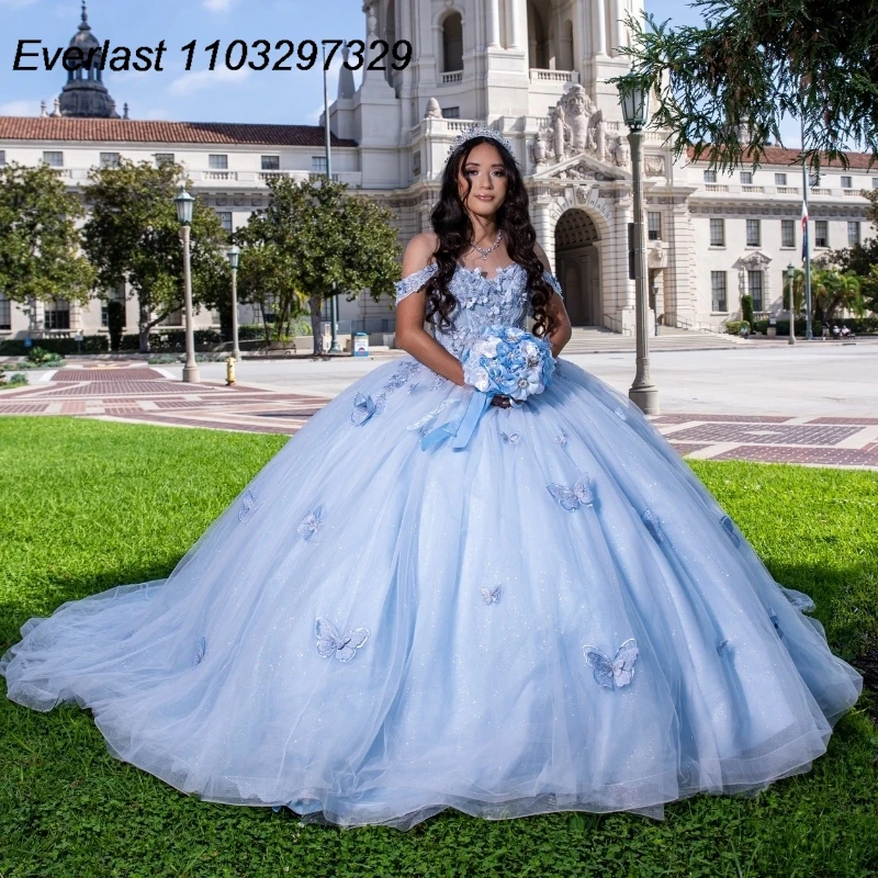 

EVLAST Sparkly Blue Quinceanera Dress Ball Gown 3D Butterfly Applique Beading Mexico Corset Sweet 16 Vestido De 15 Anos TQD497