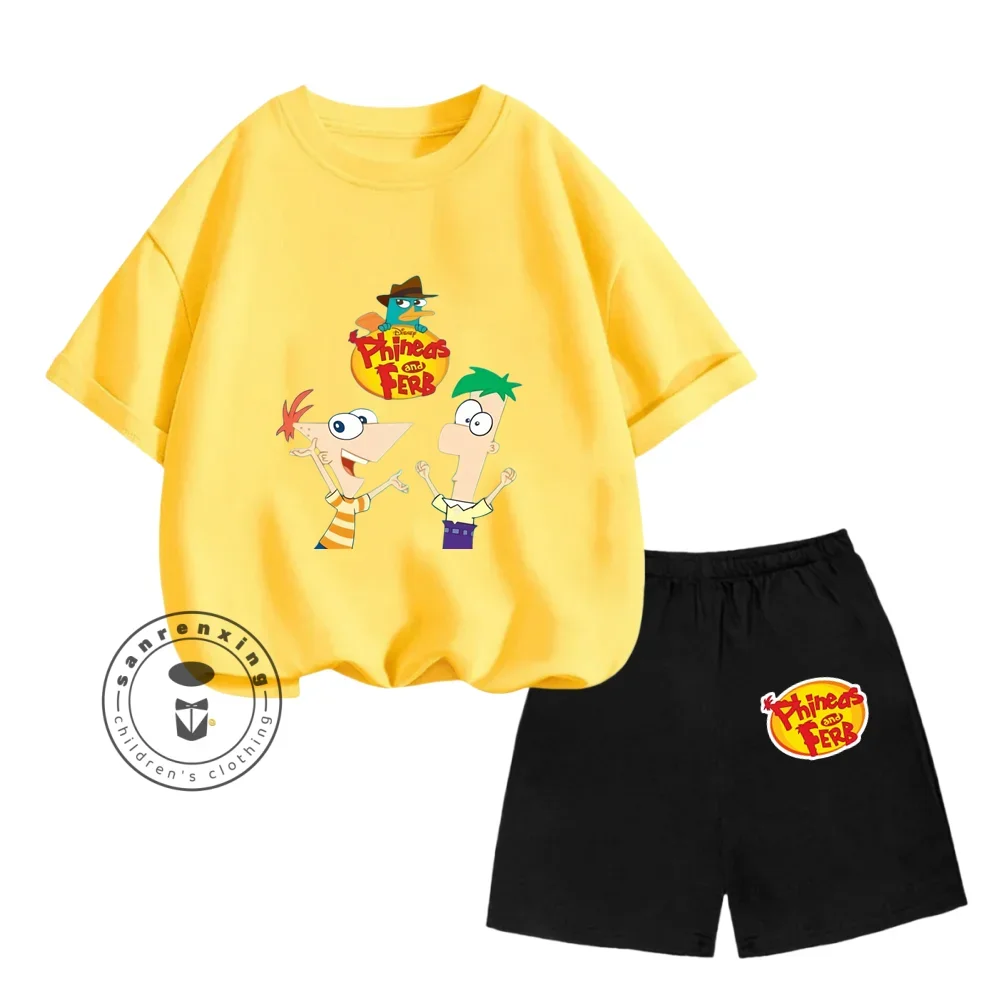 Summer Disney Phineas and Ferb Cute Cartoon Print Design O-neck Loose T-shirt + Stretch Shorts Casual Fashion Children\'s Suit