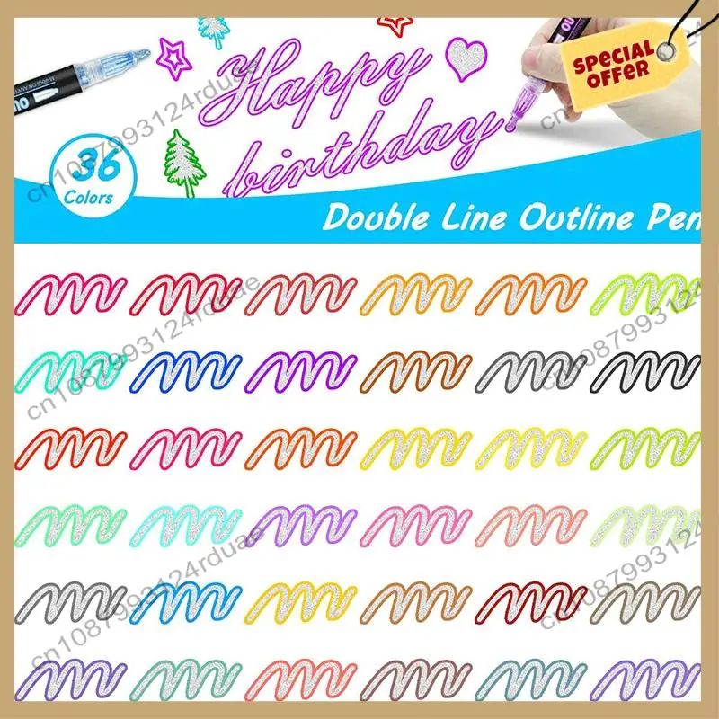 a75t-ダブルラインアウトラインマーカー、36-色スーパースクイグルズシマーアウトラインマーカーペンセット、セルフアウトラインメタリックマーカー