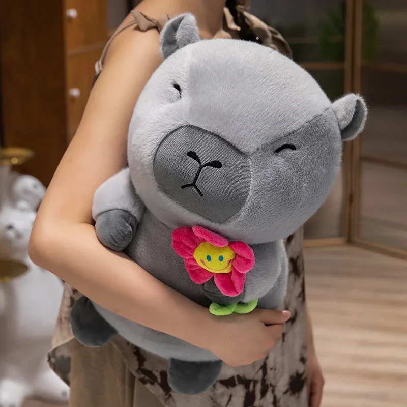 Stuffed Kawaii Capybara Plush Toy Stuffed Brown Grey Aquatic Animal with Sunflower Plushie Eyes Closed Standing Peluche Gift