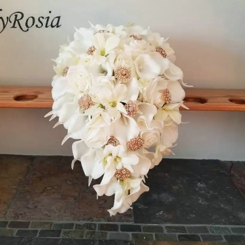 

EillyRosia Cascading Gold Brooch Bouquet White Calla Lily Roses Teardrop Wedding Bouquet for the Bride Beach Wedding Flowers