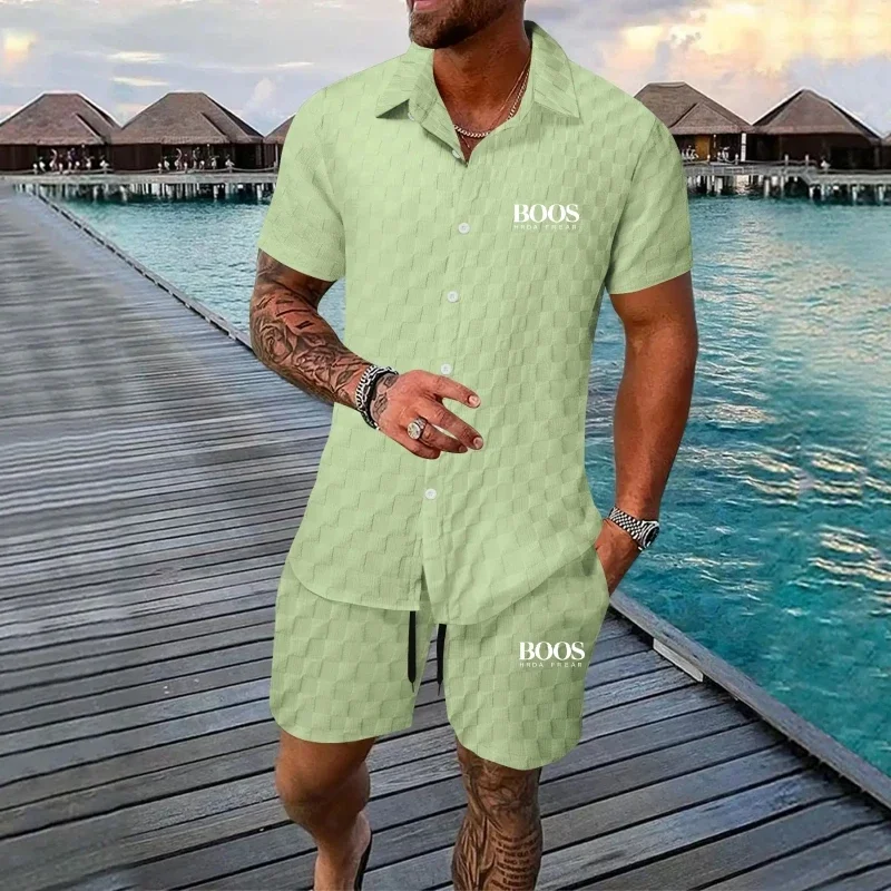 New Embroidered 100% Polyester Men's Fashionable Beach Short Sleeved Set Cardigan Solid Color Checkered Casual Beach Set