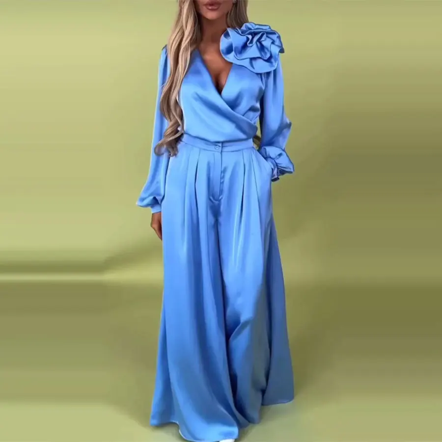 

Satin Long Sleeve Fashion V-neck Shirt 2 Piece Set Spring Autumn Flower New Casual Loose Wide Leg Pants Pocket Female Office Set