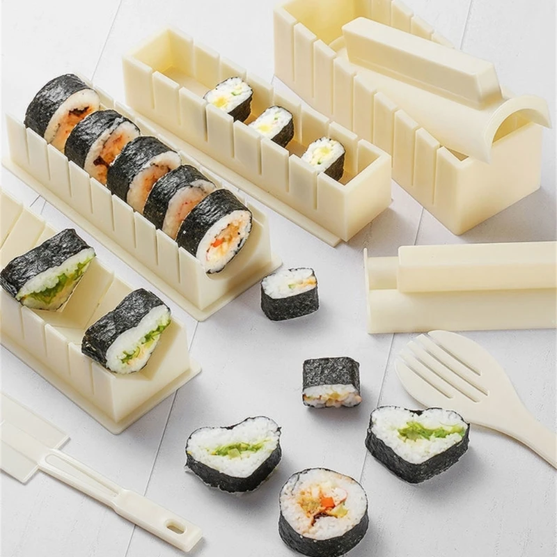 10 in 1 Sushi Making Kits Sushi Maker Set with Completed 8 Shapes Sushi Rice Mold Roller Kitchen DIY Sushi Tool for Beginner