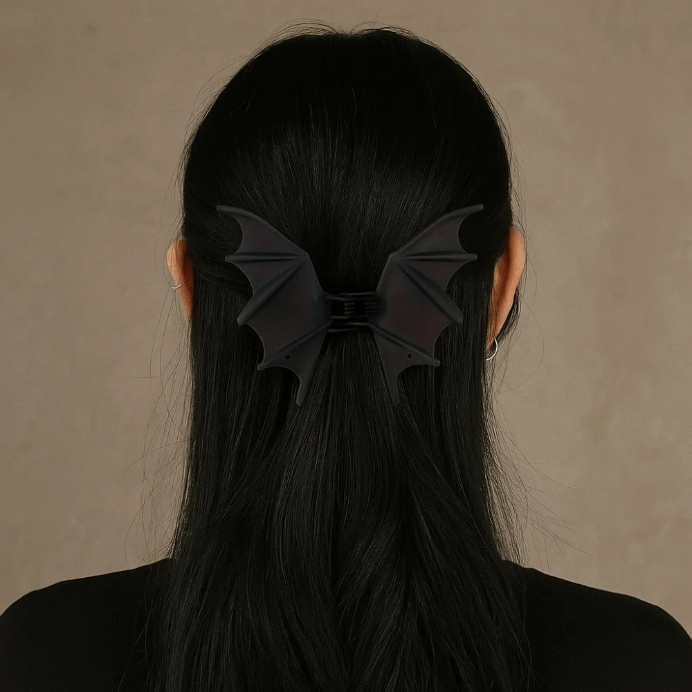 

Cute Gothic Halloween Hair Claw Alloy Matte Black Bat Wings Ponytail Holder Headdress Cosplay Shark Clip Gift