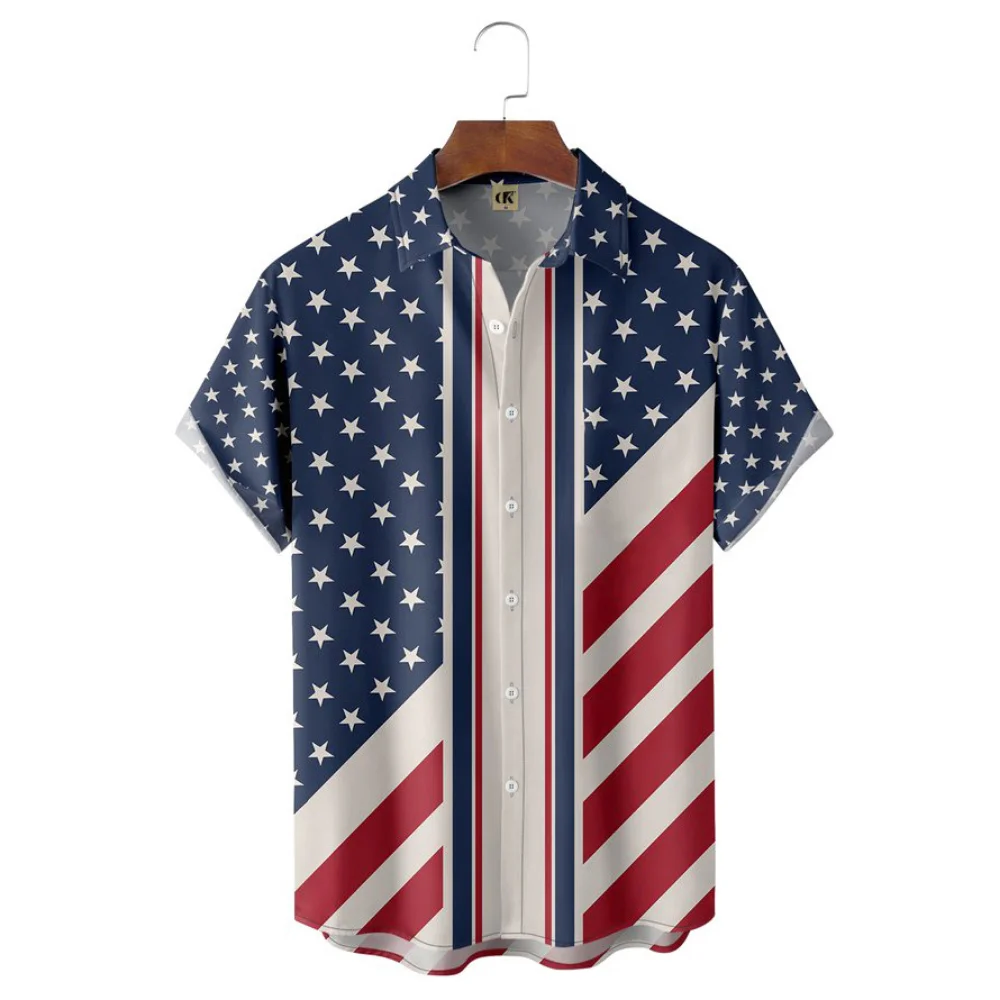 2023 New Large Size Hawaiian Shirt Men\'S American Flag Element Design Trend Lapel Button Top Classic Fashion Short Sleeves Shirt