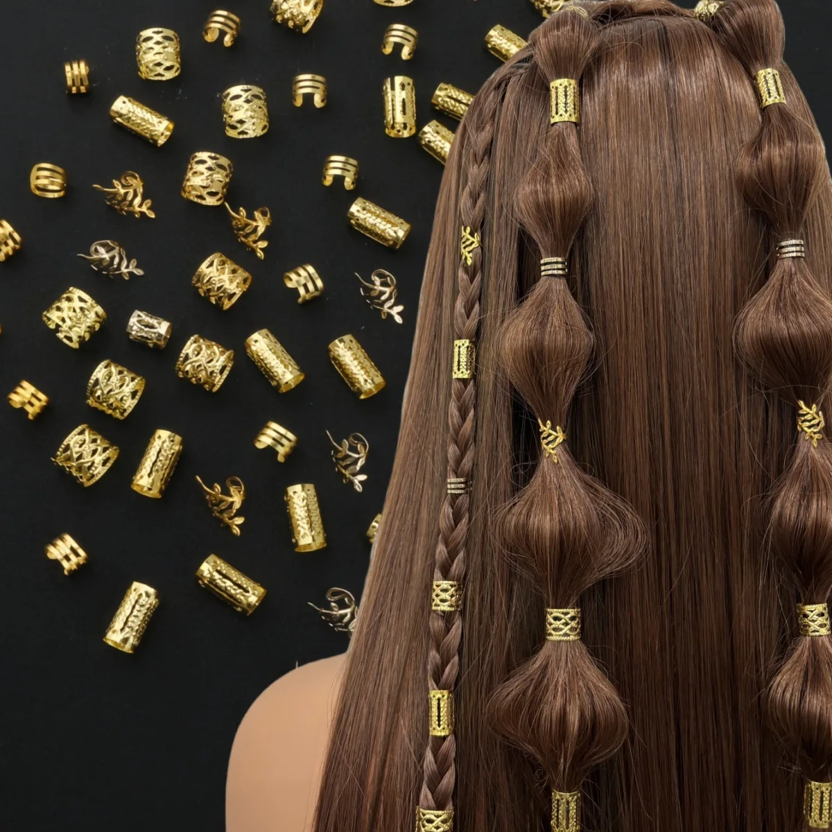 40pcs/Bag Golden Olive Branch Hollow-Out Dreadlock Wig Hair Rings Set - DIY Wig Dread Braiding Hair Accessory Parts for Crafting