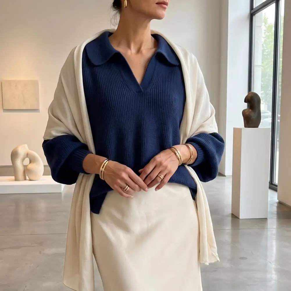 Oversized Tops Cozy Layering Outerwear Autumn Winter Knitted Sweater Women’s Lapel V-neck Pullover Solid Color Loose Fit