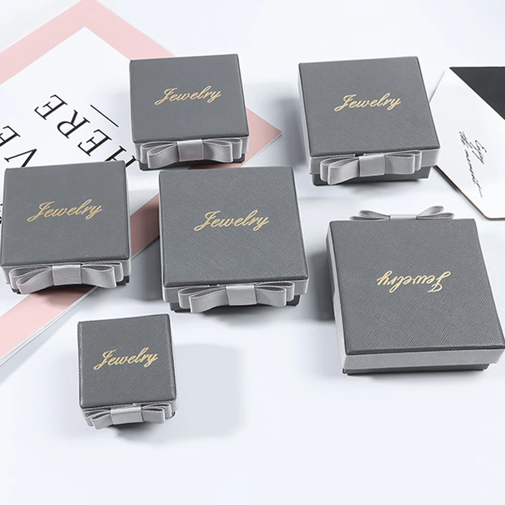 Square Gray Bow Jewelry Box Ring Necklace Earrings Organizer Storage Box Paper Jewelry Display Case Wedding Gift Packaging Box