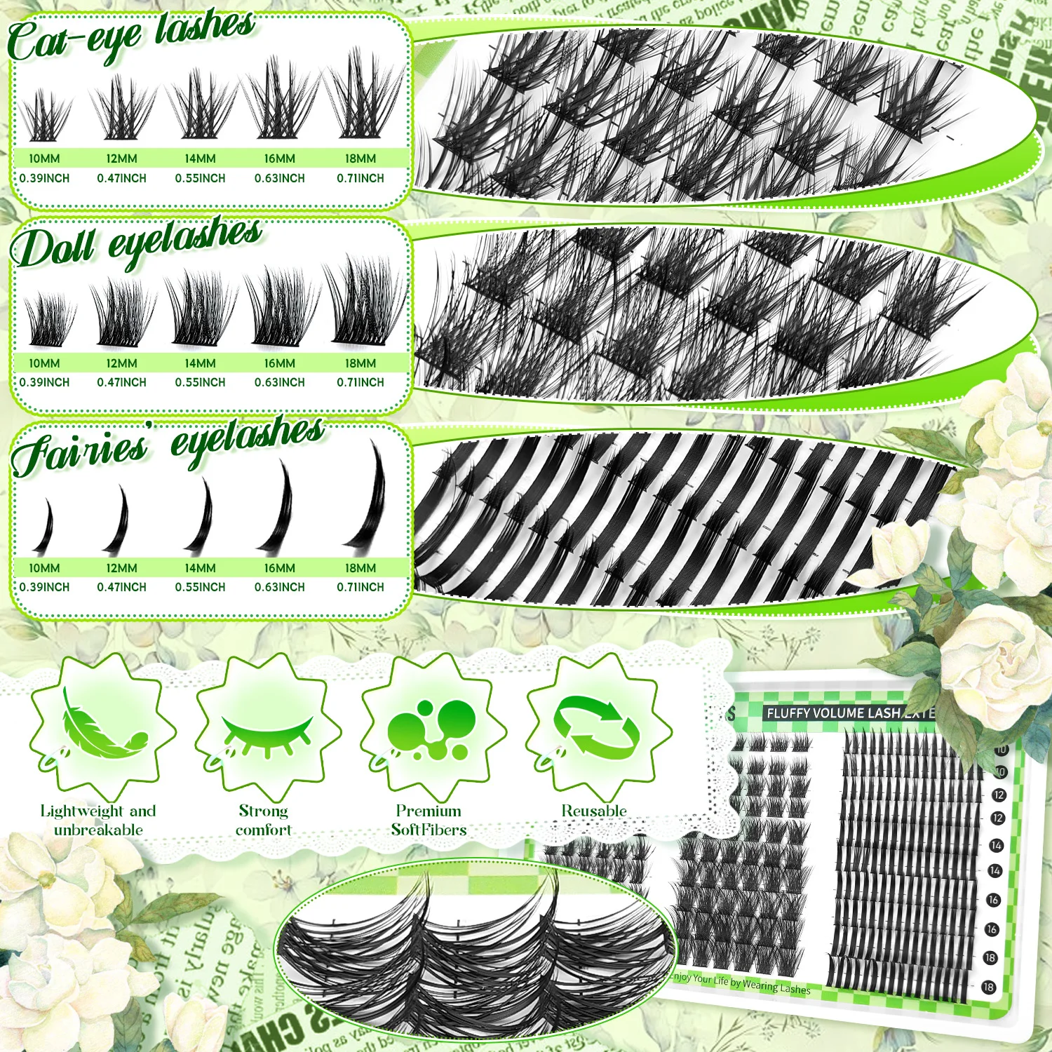 280PCS Lash Clusters Kit 3 Styles Cat Eye Doll Fairy Lashes 10-18mm Mixed Length DIY Eyelash Extensions with Bond Seal Tweezers