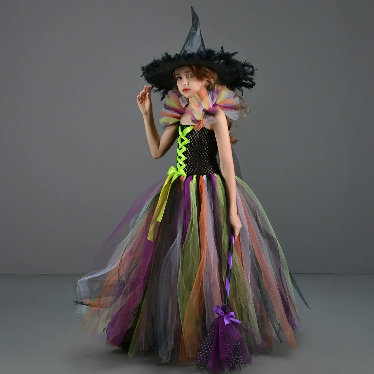 فستان ساحرة أرجواني خيالي مع قبعة مكنسة ساحرة للهالوين فستان فاخر توتو رداء زي ملابس تنكرية للفتيات القوطية